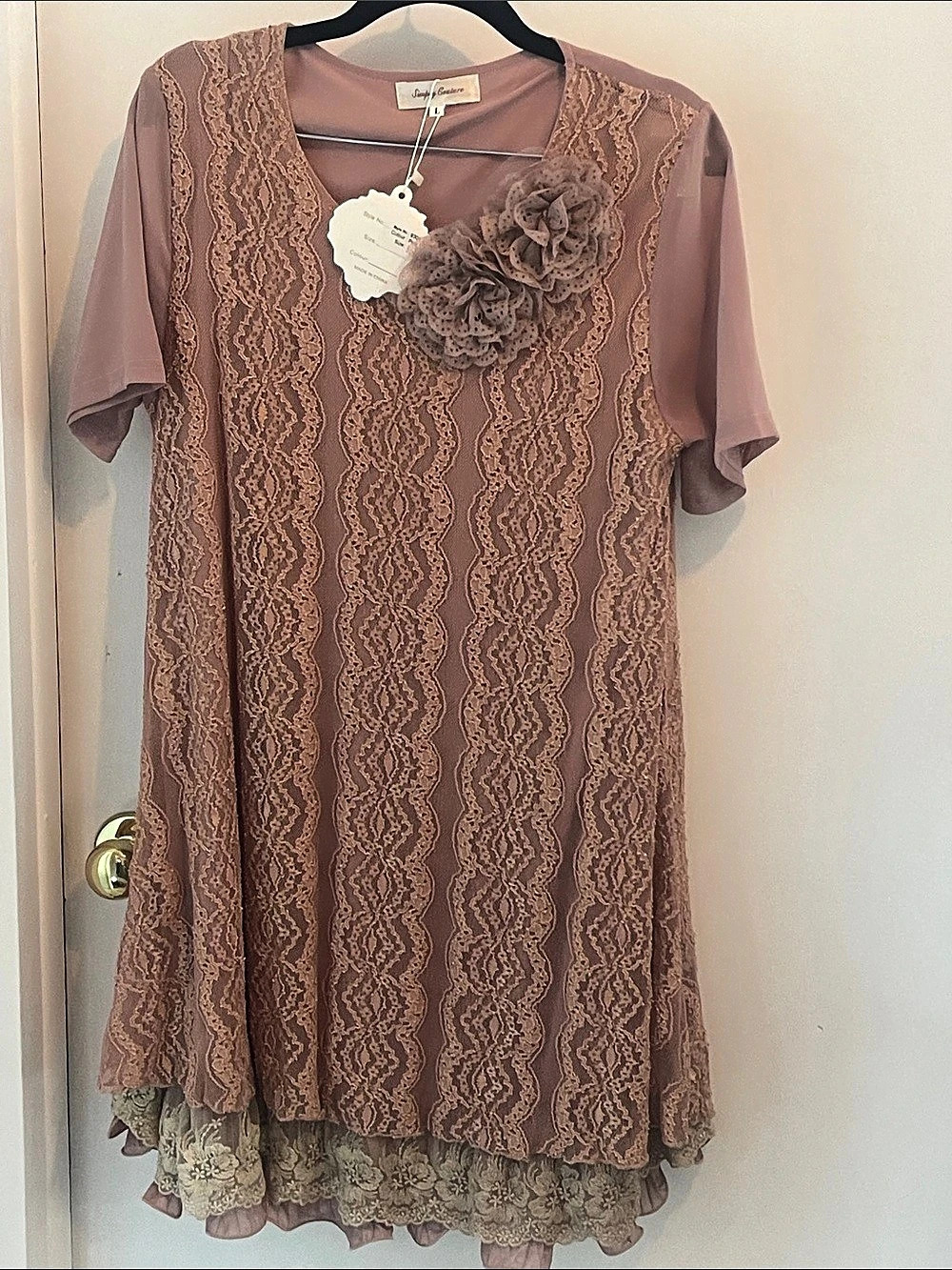 Simply Couture Lace Layered Dress in Pink & Brown Size Large NWT